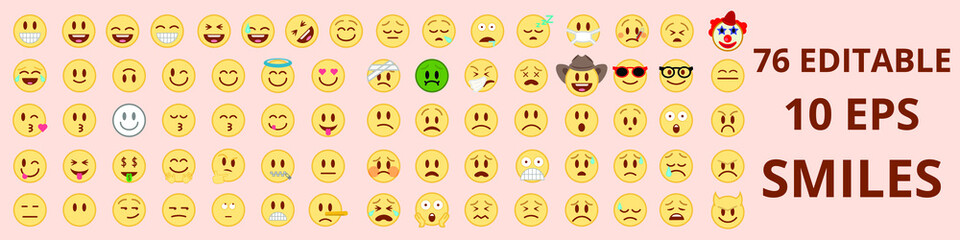 Big set of 76 colorful editable smiles. Vector smiles. On colorful background. Each editable icon is 410*350 px. Smiles. Smiling and crying faces. Application smiles vector
