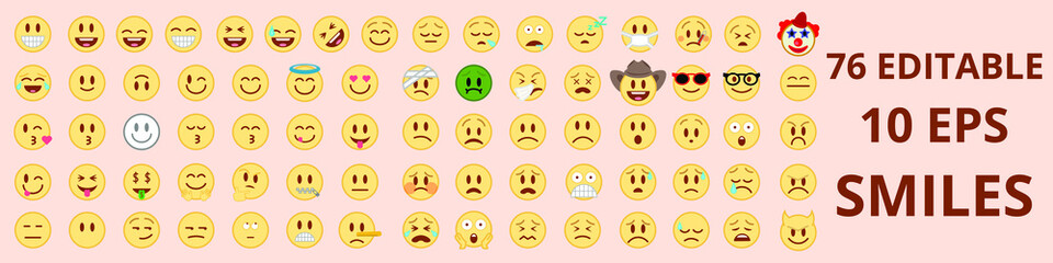 Fototapeta premium Big set of 76 colorful editable smiles. Vector smiles. On colorful background. Each editable icon is 410*350 px. Smiles. Smiling and crying faces. Application smiles vector