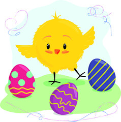Illustration with Easter eggs and cute chicken for web, motion, decor and print