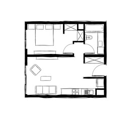 Illustration of one bedroom flat with open kitchen design with one bathroom.  1BHK architectural plan drawing in hand sketch style.