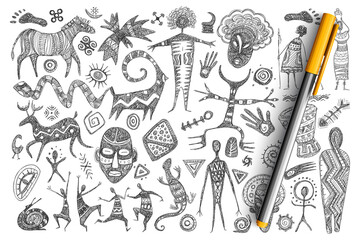 Obraz premium Ancient African symbols doodle set. Collection of hand drawn masks, dancing men, animals, reptiles, holy symbols, gods and signs isolated on transparent background. Illustration of Ancient Africa