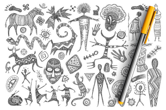 Ancient African symbols doodle set. Collection of hand drawn masks, dancing men, animals, reptiles, holy symbols, gods and signs isolated on transparent background. Illustration of Ancient Africa