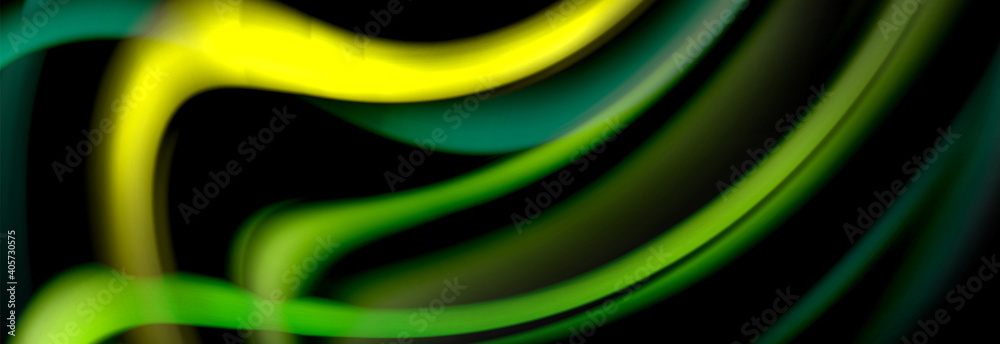 Wall mural dynamic motion abstract background. color blurred stripes on black. wave liquid lines poster. vector