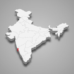 Goa state location within India 3d map