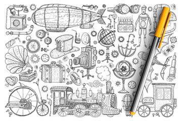 Retro vintage innovations doodle set. Collection of hand drawn vintage lamps, accessories, decorations, trains, robots, wheels, cameras, umbrella, spyglass isolated on transparent background