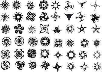  Abstract tattoo, vector graphics of symbols and elements. Isolated.