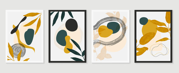 Botanical wall art vector set. Earth tone boho foliage line art drawing with  abstract shape.  Abstract Plant Art design for wall framed prints, canvas prints, poster, home decor, cover, wallpaper.