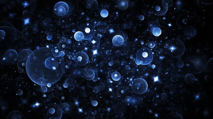 Abstract holiday background with blue sparks and drops. Fantastic light effect. Digital fractal art. 3d rendering.