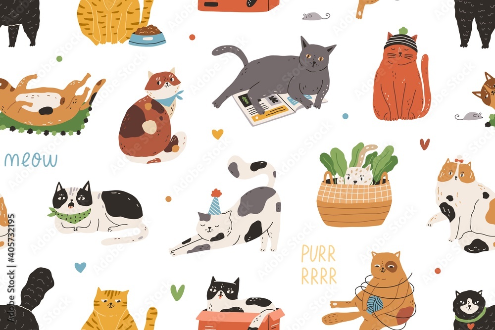 Poster Seamless pattern with cute funny cats playing and sleeping on white backdrop. Design of endless repeating texture for printing and decoration. Childish colorful flat vector illustration