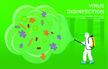 Coronavirus pandemic bacteria with man in protective hazmat suit are cleaning and disinfecting coronavirus.