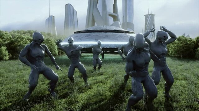 funny aliens dancing in the meadow near the UFO spaceship. Realistic 4k animation.