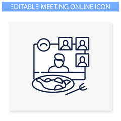 Online dinner party line icon. Meeting together concept. Live stream holiday celebration. Social distanced party. Remote public event, community. Isolated vector illustration. Editable stroke