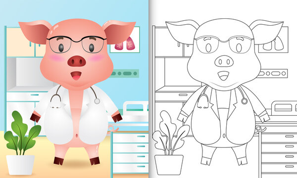 coloring book for kids with a cute pig doctor character illustration