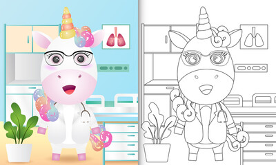 coloring book for kids with a cute unicorn doctor character illustration