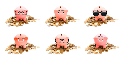 A set of conceptual images of a piggy bank standing on a pile of coins. On white background.