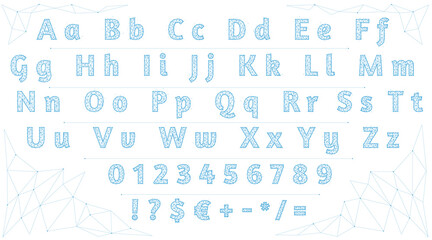 Polygonal font. Low poly letters, numbers and signs. Alphabet created with lines and dots. Alphabet made of lines and dots on a white background.