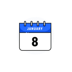 January 8 - Calendar Icon With Flat Design Concept - Vector Illustration