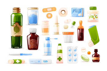 Pharmaceutical medical packaging pills mockup. Pharmacy medications. Medicine drugs, pharmaceutical treatment, medicine pills bottles vitamins sprays blister tube aerosol can pipettes plaster