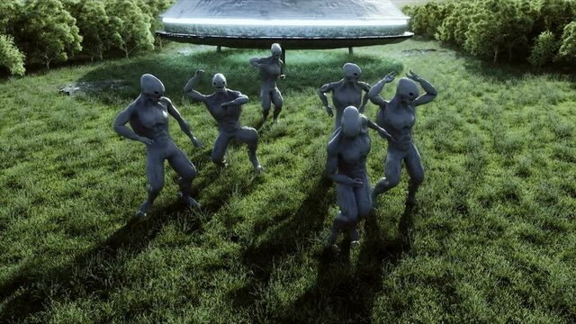 funny aliens dancing in the meadow near the UFO spaceship. Realistic 4k animation.