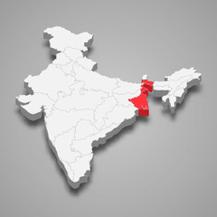 West Bengal state location within India 3d map