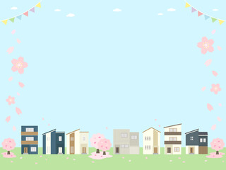 都会のオシャレな一軒家　家　一戸建て　フレーム　春　桜
