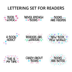 Cute vector hand lettering set for book lovers and readers. Books, magic, stars. Vector template for card, postcard, banner, poster, sticker and social media