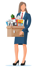 Businesswoman moving to new office. Cardboard box with folder, document paper, contract, calculator, pen pencils, eyeglasses, book, ring binder phone. Keyboard, mouse cactus. Flat vector illustration