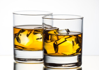 Whisky on the rocks on white background