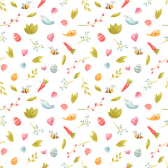 Watercolor seamless spring pattern with bee, flower, branches, carrot, birds, leaves, easter eggs