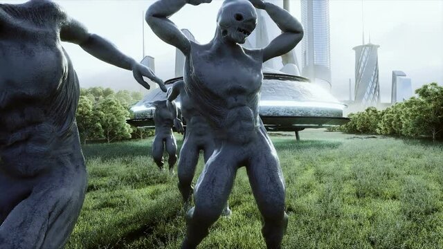 funny aliens dancing in the meadow near the UFO spaceship. Realistic 4k animation.