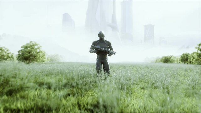 Military alien with a weapon walks through the meadow against the background of the city. Realistic 4k animation.