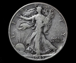 1943 walking liberty half dollar coin portrait.