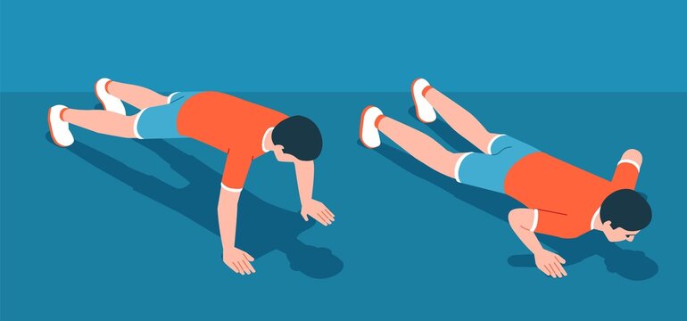 Athletic floor push-up workout. Man pushing up from the floor. Bodyweight training. Vector isometric illustration.