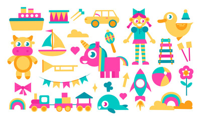 Doll, cow, unicorn, transport and so on. Bright cartoon set of kids toys isolated on white. Collection for educational game design for childrens, shop set. Toys clipart. Vector stock illustration