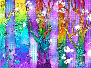 Rainbow forest with mushrooms and insects on violet background