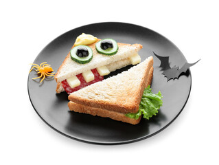 Cute monster sandwich on white background. Halloween party food