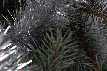 silver tinsel braids spruce branches