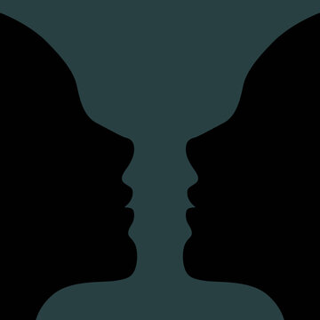 Vector Illustration Of Two Young Girl Black Silhouette Faces Making A Vase Shape Optical Negative Space Illusion. Beautiful Girl Face Contour