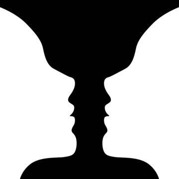 Vector girl faces silhouette looking like a negative space vase shape. Optical illusion illustration.