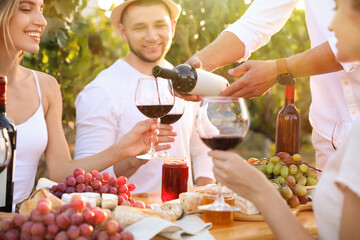 Friends holding glasses of wine and having fun in vineyard, closeup