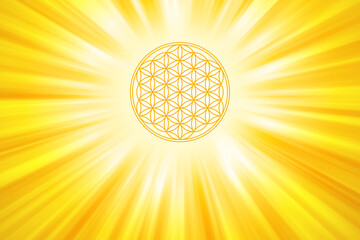 Golden Flower of Life with sun rays background. Geometric figure composed of multiple overlapping circles forming a flower  pattern. A strong symbol since ancient times. Sacred Geometry. Illustration.