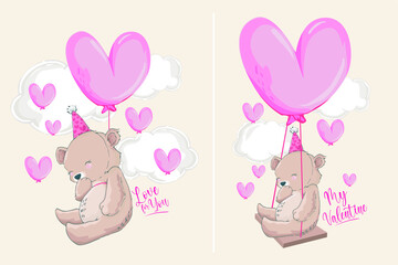 Vector illustration of a cute bear with a pink heart balloon.  Cute Valentines Day card for your special 