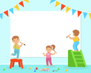 Fototapeta na wymiar Cute Children Painting on Large Poster at Kindergarten or School, Early Development Concept Cartoon Vector Illustration
