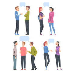 Obraz premium People Talking to Each Other with Speech Bubbles Set, Friends or Colleagues Talking, Gossiping, Sharing Impressions Cartoon Style Vector Illustration