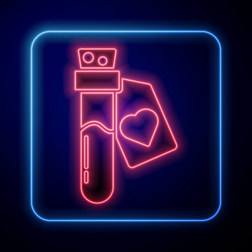 Glowing neon Bottle with love potion icon isolated on blue background. Valentines day symbol. Vector.