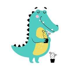 Cute Crocodile Holding Cactus in Flower Pot, Funny Alligator Predator Animal Character Cartoon Style Vector Illustration