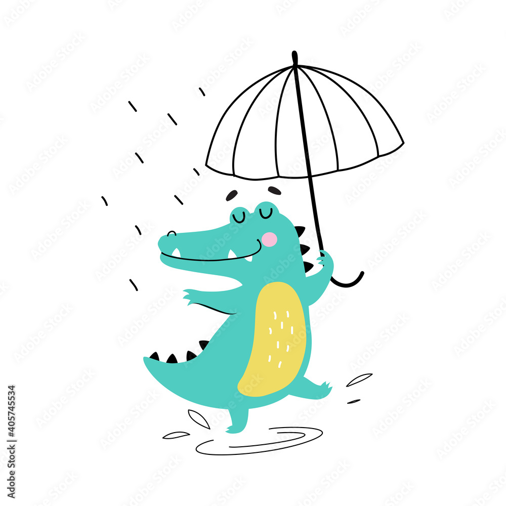 Canvas Prints cute crocodile walking with umbrella in rainy day, funny alligator predator animal character cartoon