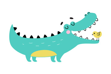 Cute Crocodile with Birdie in Wide Open Mouth, Funny Alligator Predator Animal Character Cartoon Style Vector Illustration