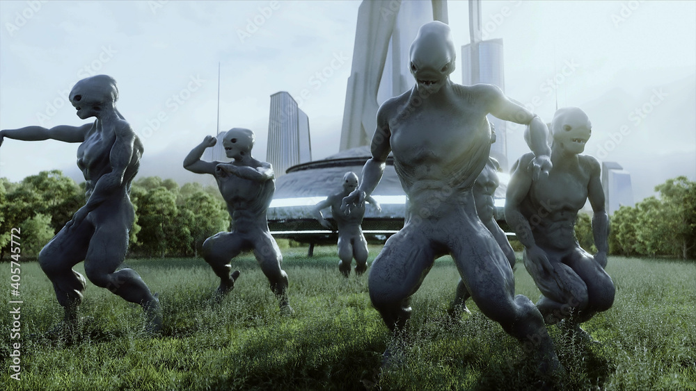 Poster funny aliens dancing in the meadow near the ufo spaceship. 3d rendering.