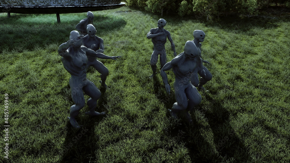 Sticker funny aliens dancing in the meadow near the ufo spaceship. 3d rendering.